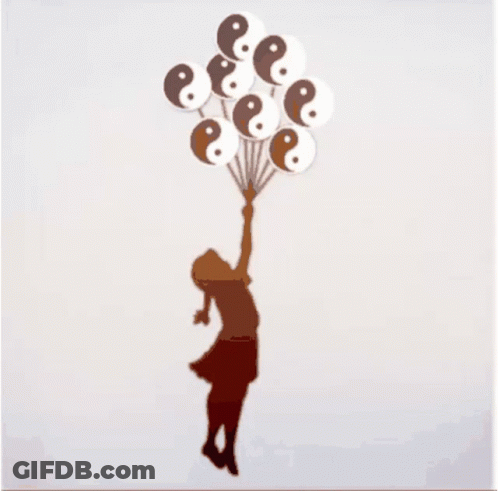 A Silhouette Of A Girl Holding A Bunch Of Balloons With Yin Yang Symbols GIF