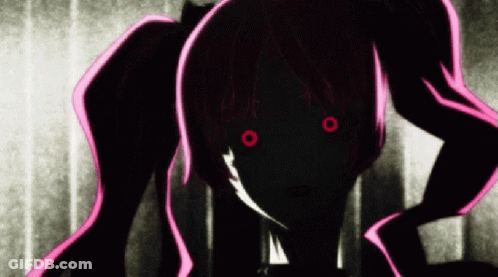 A Silhouette Of A Girl With Red Eyes And A Ponytail GIF