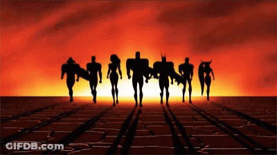 A Silhouette Of A Group Of Superhero Characters Walking In A Line GIF