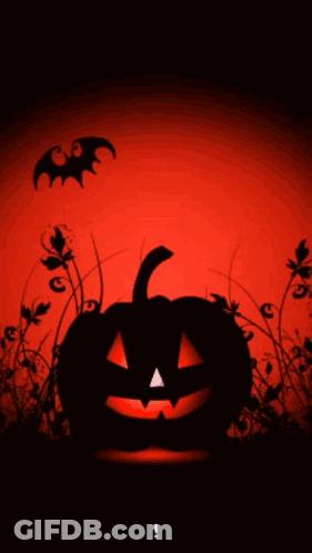 A Silhouette Of A Halloween Pumpkin With Bats Flying Around GIF