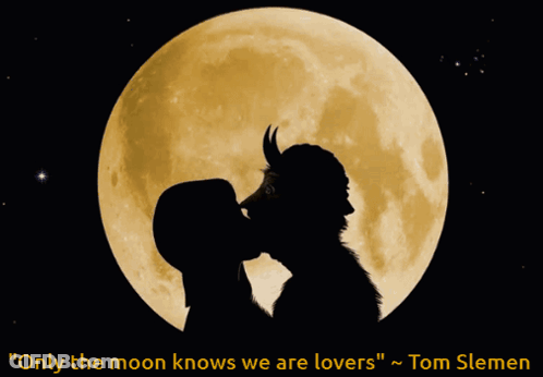 A Silhouette Of A Man And A Woman In Front Of A Full Moon GIF