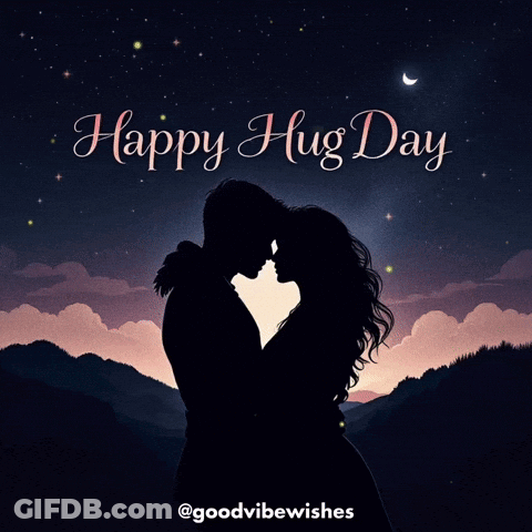 A Silhouette Of A Man And Woman Hugging And The Words Happy Hug Day GIF
