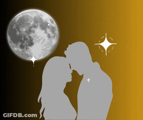 A Silhouette Of A Man And Woman Kissing With A Full Moon In The Background GIF