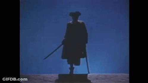 A Silhouette Of A Man Holding A Cane And A Sword Against A Blue Background . GIF