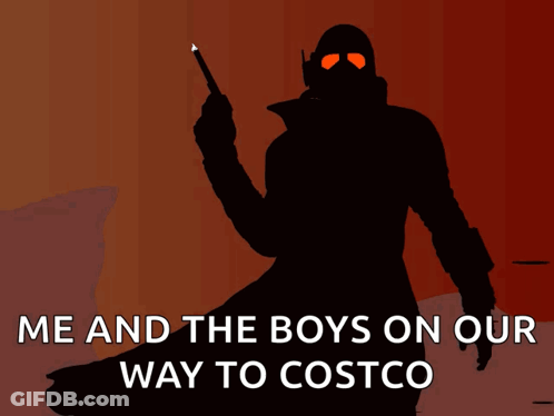A Silhouette Of A Man Holding A Cane With The Words Me And The Boys On Our Way To Costco GIF