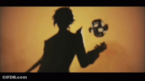 A Silhouette Of A Man Holding A Knife And A Mask In His Hand . GIF