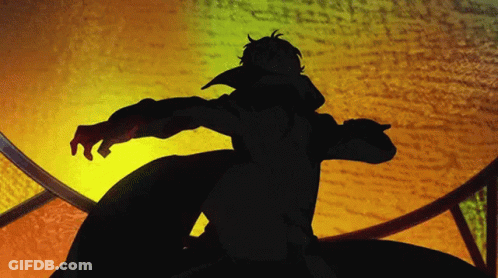 A Silhouette Of A Man In A Black Coat Is Standing In Front Of A Yellow Background GIF