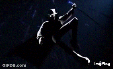 A Silhouette Of A Man In A Top Hat Is Holding A Sword In The Dark . GIF