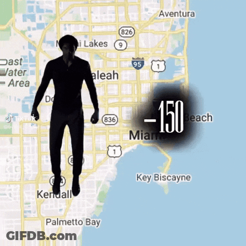 A Silhouette Of A Man Is Flying Over A Map Of Miami With Key Biscayne In The Background GIF