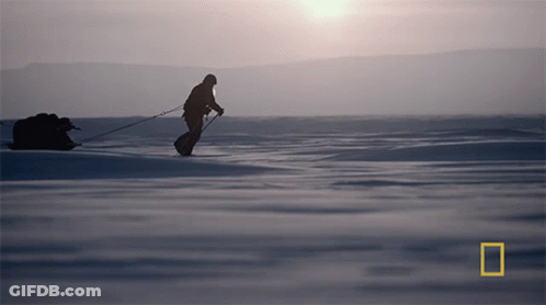 A Silhouette Of A Man Pulling A Sled In The Snow With A National Geographic Logo In The Corner GIF