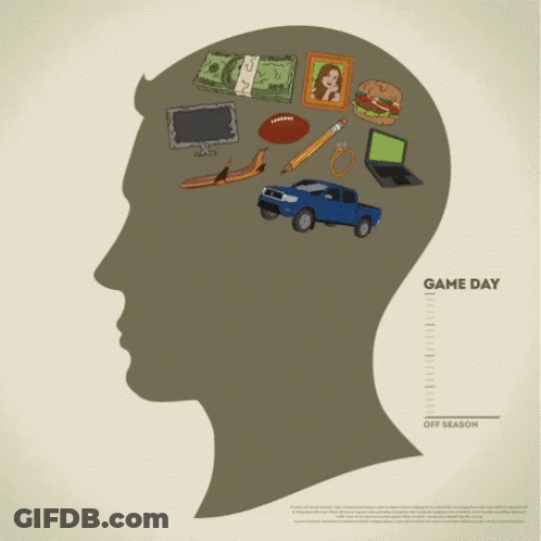 A Silhouette Of A Man 'S Head With A Football A Truck A Hamburger A Laptop And Money GIF