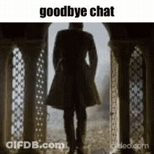 A Silhouette Of A Man Standing In A Doorway With The Words `` Goodbye Chat '' Written On The Bottom . GIF