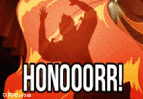 A Silhouette Of A Man Standing In Front Of A Fire With The Words Honooorrr In White Letters GIF