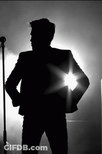 A Silhouette Of A Man Standing In Front Of A Microphone With His Hands On His Hips GIF