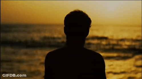A Silhouette Of A Man Standing In Front Of The Ocean At Sunset GIF