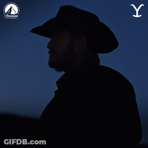 A Silhouette Of A Man Wearing A Cowboy Hat With The Paramount Network Logo In The Background GIF