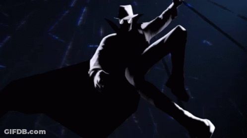 A Silhouette Of A Man Wearing A Hat Is Flying In The Air GIF