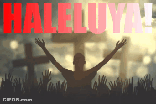 A Silhouette Of A Man With His Arms In The Air With The Words Hallelujah In Red Behind Him GIF