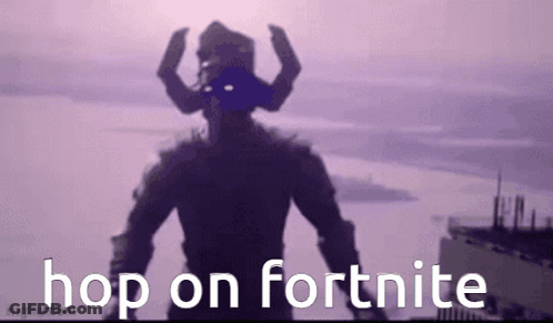 A Silhouette Of A Man With Horns Is Standing In Front Of A Body Of Water With The Words `` Hop On Fortnite '' . GIF
