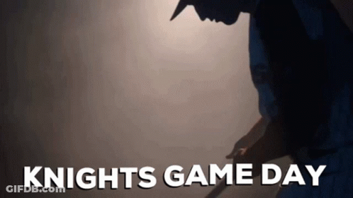 A Silhouette Of A Man With The Words Knights Game Day Written Below Him GIF