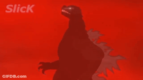 A Silhouette Of A Monster With Glowing Eyes On A Red Background With The Word Slick Above It GIF