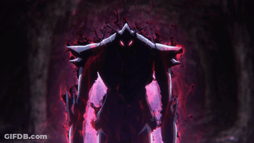 A Silhouette Of A Monster With Red Eyes And A Purple Background GIF