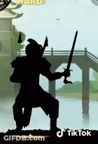 A Silhouette Of A Ninja Holding Two Swords In A Video Game GIF