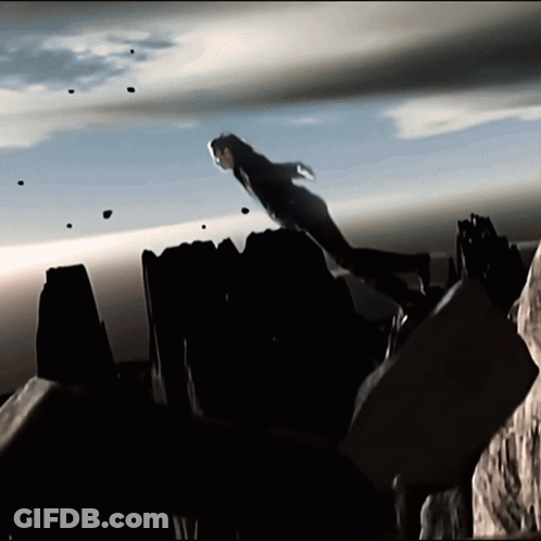 A Silhouette Of A Person Flying Through The Air With Asteroids In The Background GIF