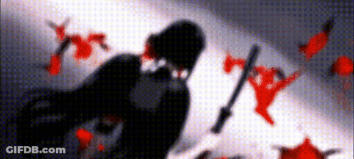 A Silhouette Of A Person Holding A Sword In A Dark Room With Blood Coming Out Of It . GIF