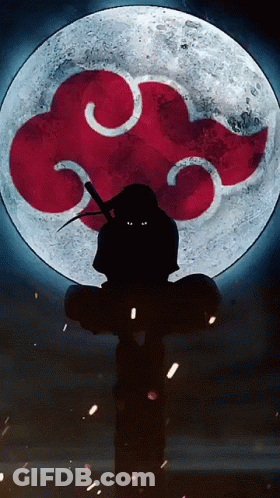 A Silhouette Of A Person Holding A Sword In Front Of A Full Moon With Red Clouds GIF