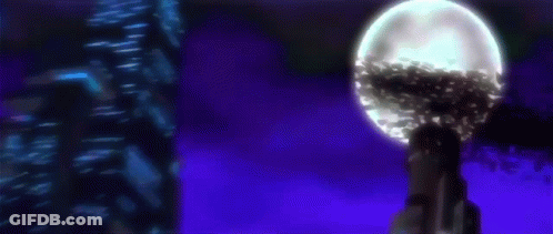 A Silhouette Of A Person In A Dark Room With A Purple Background And Red Eyes . GIF