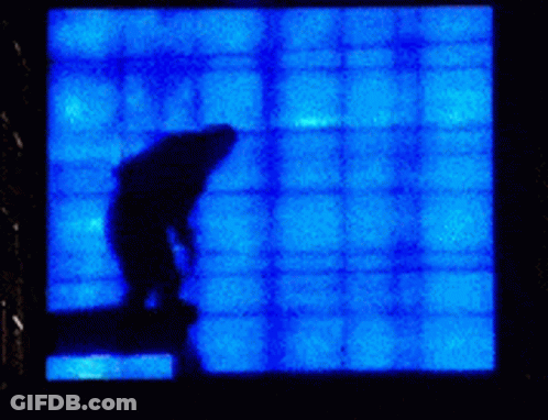 A Silhouette Of A Person Is Against A Blue Background GIF