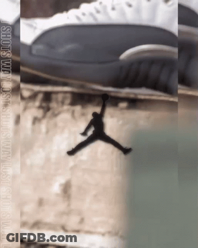 A Silhouette Of A Person Jumping In The Air With The Words " Shots May Just Shots May Just Shots " GIF