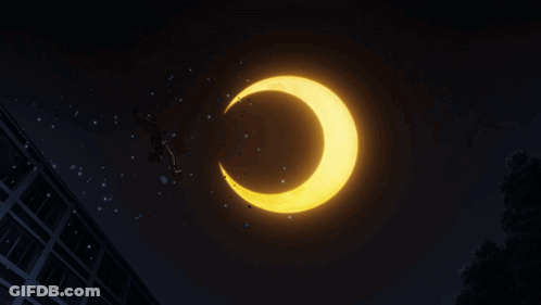 A Silhouette Of A Person Jumping Over A Crescent Moon With A Building In The Background GIF