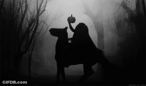 A Silhouette Of A Person Riding A Horse Holding A Pumpkin GIF