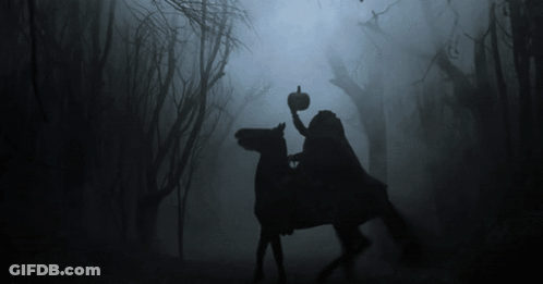 A Silhouette Of A Person Riding A Horse In A Dark Forest GIF
