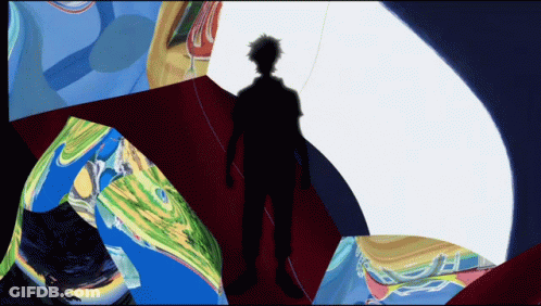 A Silhouette Of A Person Standing In A Room With A Colorful Background GIF
