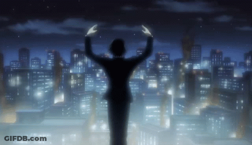 A Silhouette Of A Person Standing In Front Of A City At Night GIF