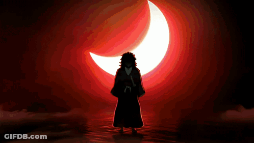 A Silhouette Of A Person Standing In Front Of A Red Crescent Moon GIF