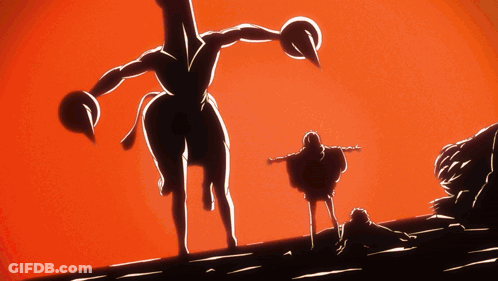 A Silhouette Of A Person Standing Next To A Giant Monster GIF