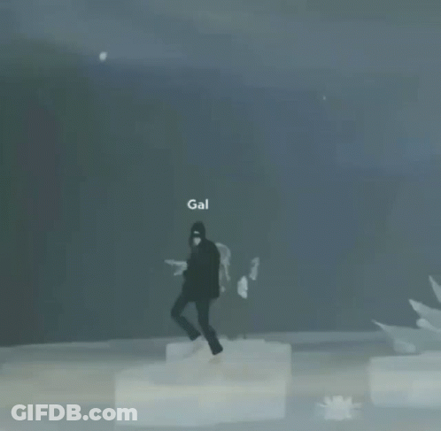 A Silhouette Of A Person Standing On Ice With The Name Gal On The Bottom GIF