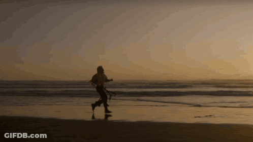 A Silhouette Of A Person Walking On The Beach At Sunset GIF