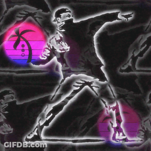 A Silhouette Of A Person With A Palm Tree And A Sunset In The Background GIF