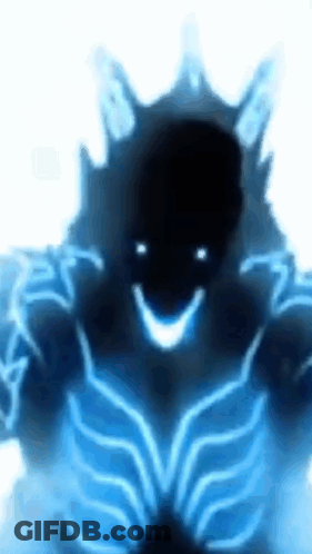 A Silhouette Of A Person With A Smile On Their Face And Glowing Blue Armor . GIF