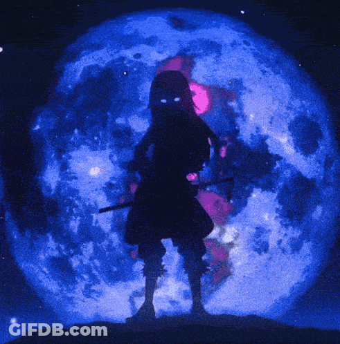 A Silhouette Of A Person With A Sword In Front Of A Full Moon GIF