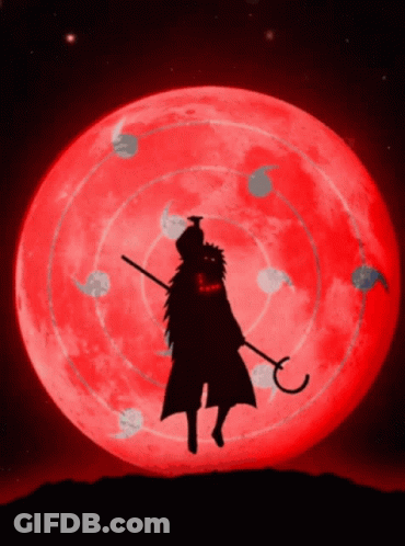 A Silhouette Of A Person With A Sword In Front Of A Red Full Moon GIF