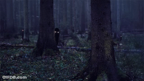 A Silhouette Of A Person With Glowing Eyes Is Standing In A Dark Forest GIF