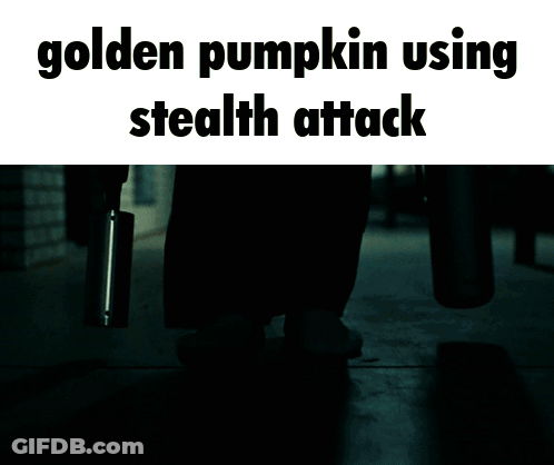 A Silhouette Of A Person With The Words Golden Pumpkin Using Stealth Attack On The Bottom GIF
