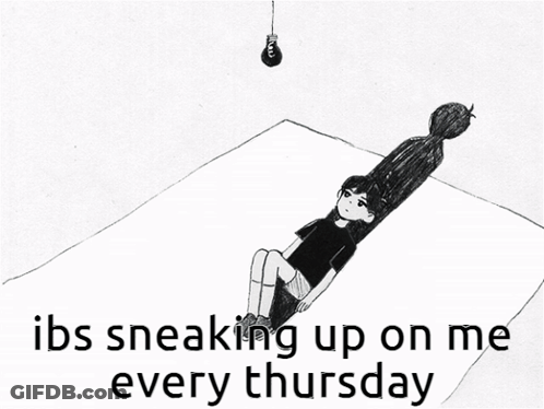 A Silhouette Of A Person With The Words " Ibs Sneaking Up On Me Every Thursday " Below It GIF