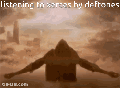 A Silhouette Of A Person With The Words Listening To Xerces By Deftones Below It GIF